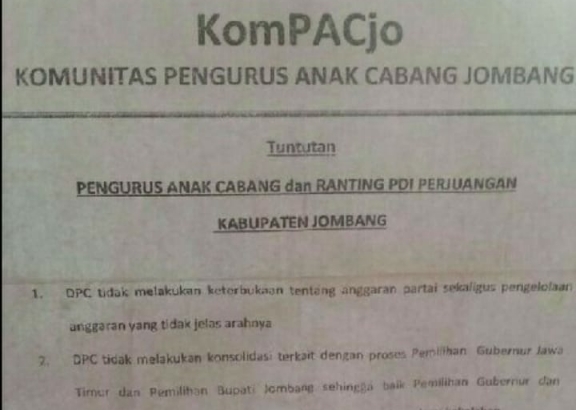 Pengurus Anak Cabang PDI P Jombang Tuntut Ketua DPC Mundur Dari Jabatannya